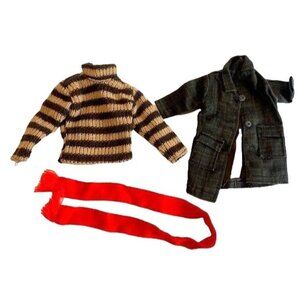 Vintage Ken Barbie Jacket Sweater Red Scarf Outfit Set Black/Brown